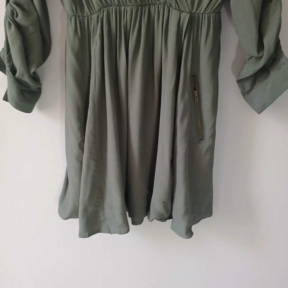 Maeve Women's Size XS Olive Green Faux Wrap Midi Dress Zip Pockets Roll-Tab - Picture 5 of 12